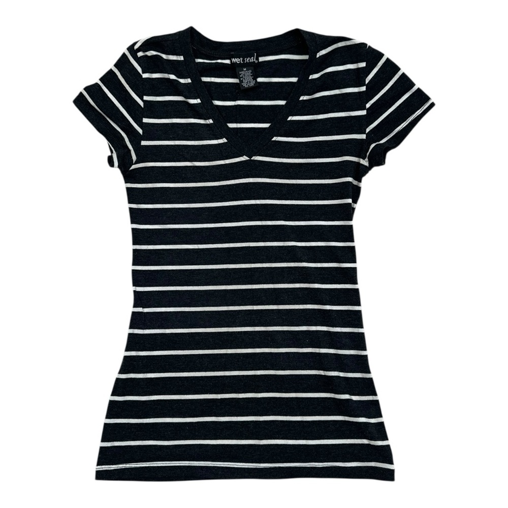 Wet Seal Vintage V-Neck Striped Dark Grey White Fitted Tee - Junior Size Medium